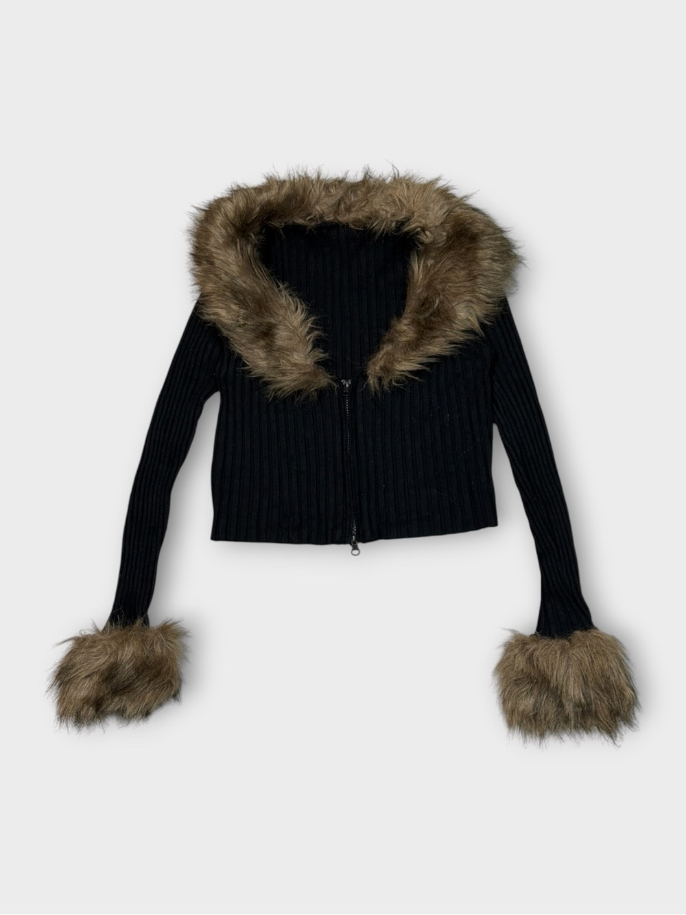 Black Cropped Cardigan with Fur Trim | Vintage